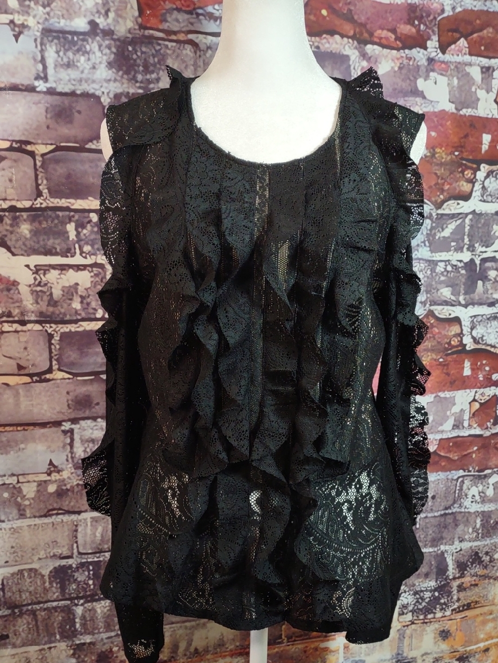 BCBGMaxAzria Black Lace Ruffle Cold-Shoulder Blouse